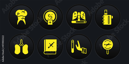 Set Lungs, Electronic cigarette, Book with stop, Giving up, Disease lungs, Stop smoking, money saving, No and Tooth caries icon. Vector