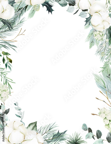 Watercolor white cotton floral bouquet clipart, Forest greenery borders. Green floral borders for Christmas, winter wedding invitations, valentine cards, feminine logo