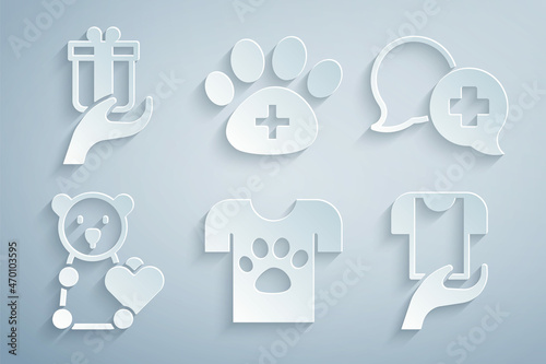 Set Animal volunteer, Dialogue with doctor, Donate child toys, Clothes donation, Veterinary clinic and Give gift icon. Vector