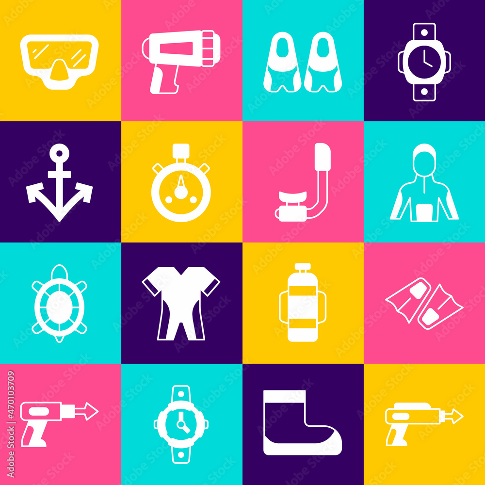 Set Fishing harpoon, Flippers for swimming, Wetsuit scuba diving, Stopwatch, Anchor, Diving mask and Snorkel icon. Vector Set Fishing harpoon, Flippers for swimming, Wetsuit scuba diving, Stopwatch, Anchor, Diving mask and Snorkel icon. Vector