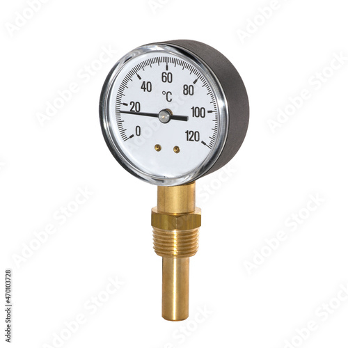 Bimetallic radial thermometer for heating and air conditioning systems. Plastic water-resistant body, impact-resistant acrylic glass. Most suitable for solid fuel boilers.  photo