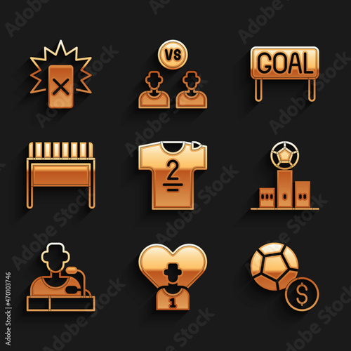 Set Football jersey and t-shirt, or soccer player, Soccer football, Award over sports winner podium, press conference, goal, Goal and Red card icon. Vector