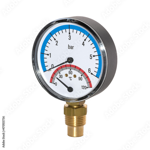 A radial thermo manometer is a combined device for measuring range pressure and temperature in heating systems. Consists of a spring pressure gauge and a bimetallic coil for temperature. 