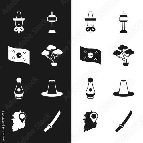 Set Bonsai tree, South Korea flag, Korean hat, N Seoul tower in, Soju bottle, Katana and map icon. Vector