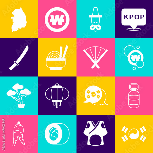 Set South Korea flag, Korean lantern, won coin, hat, Asian noodles bowl, Katana, map and Traditional fan icon. Vector
