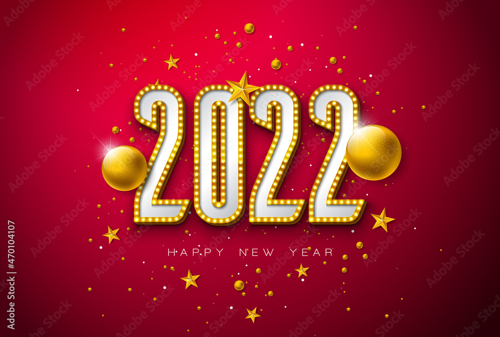 2022 Happy New Year Illustration with 3d Light Bulb Typography Lettering and Christmas Ball on Red Background. Vector Holiday Design with Shiny Bright Lights for Flyer, Greeting Card, Banner 2022 Happy New Year Illustration with 3d Light Bulb Typography Lettering and Christmas Ball on Red Background. Vector Holiday Design with Shiny Bright Lights for Flyer, Greeting Card, Banner