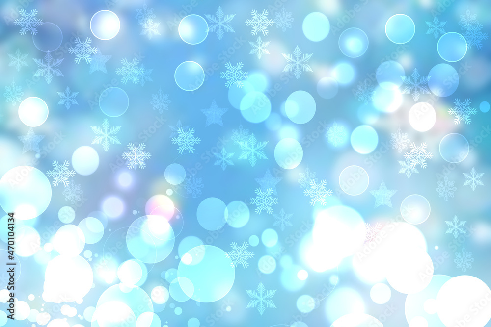 Abstract blurred festive delicate winter christmas or Happy New Year background with shiny blue and white bokeh lighted stars. Space for your design. Card concept.