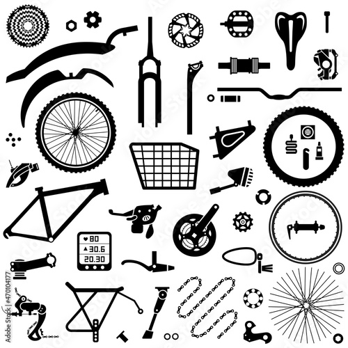 Bicycle parts, tools, and accessories isolated silhouettes