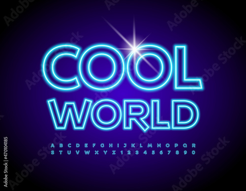Vector neon template Cool World. Blue glowing Font. Electric light Alphabet Letters and Numbers set