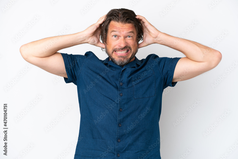 Senior dutch man isolated on white background doing nervous gesture Senior dutch man isolated on white background doing nervous gesture