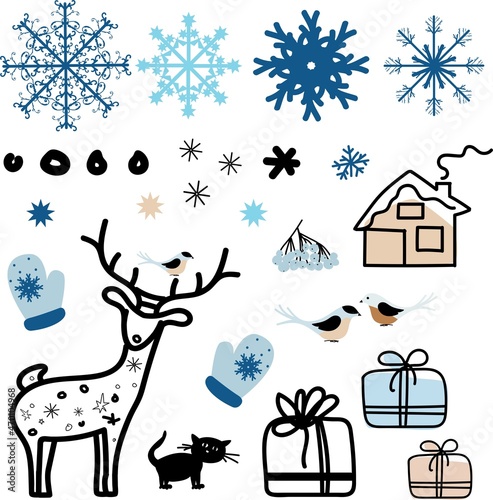 Set of winter new year doodle illustrations