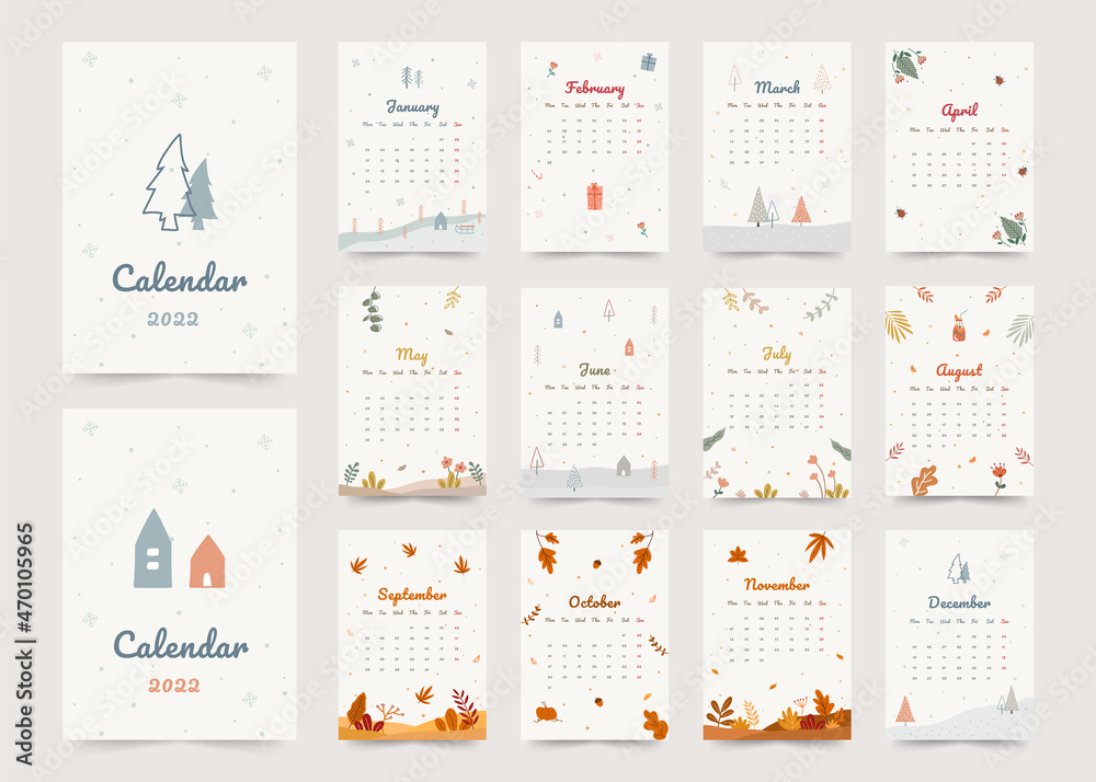 Seasonal theme printable yearly planner calendar with all months. Stock ...