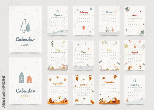 Seasonal theme printable yearly planner calendar with all months.