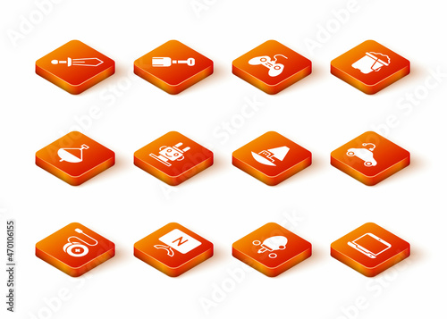 Set Yoyo toy, Smart Tv, Whirligig, Robot, Racket, Toy boat, Laptop and Radio controlled car icon. Vector