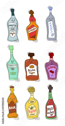Martini whiskey vodka vermouth rum liquor beer tequila red wine with smile on white background. Cartoon sketch graphic design. Doodle style with black contour line. Cute hand drawn bottle