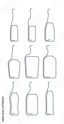 Bottle continuous line wine  vodka  champagne  whiskey  liquor  rum  vermouth  tequila  beer in linear style on white background. Solid black thin outline. Flat style. Logo element illustration