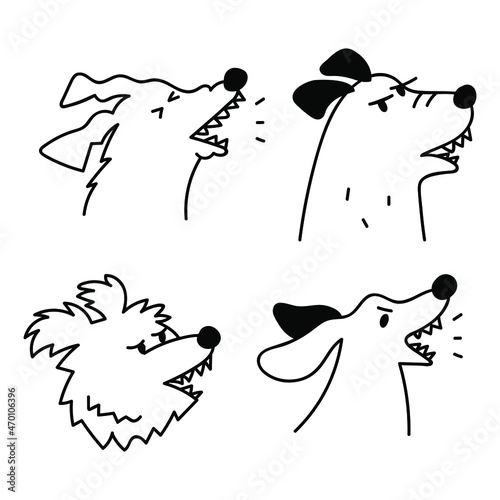 Set of outline icons. Angry dogs. Vector illustrations on white background.