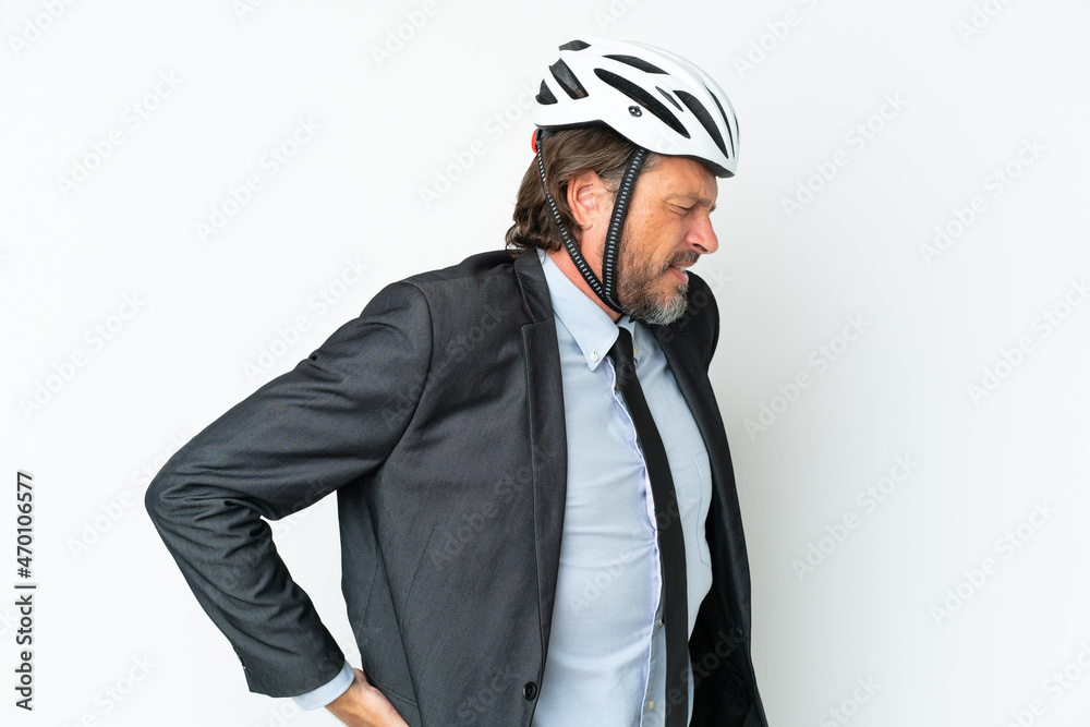 Business senior man with a bike helmet isolated on white background suffering from backache for having made an effort Business senior man with a bike helmet isolated on white background suffering from backache for having made an effort