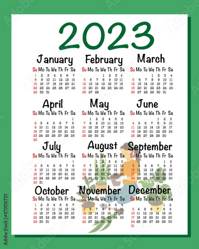 English Calendar for 2023. Week starts on Sunday. EPS 10. A4, A3