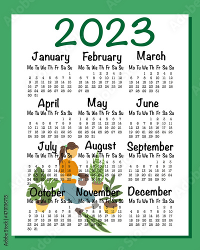 English Calendar for 2023. Week starts on Monday. EPS 10. A4, A3