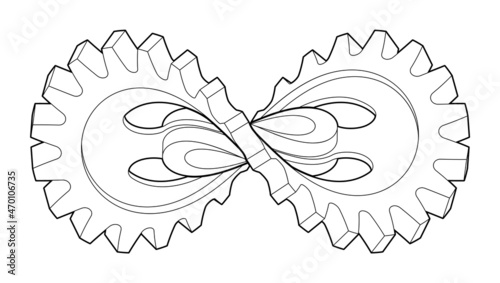 Gear wheel curved like infinity sign. Industrial technology and machine engineering symbol. Isolated drawing 3d illustration.