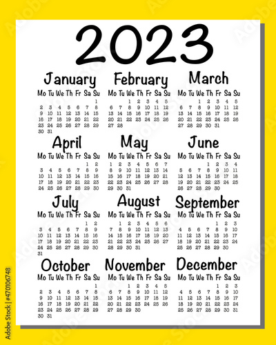 .calendar english for 2023. Week starts on Monday. EPS 10. A4, A3. English calendar mon-sun on white background