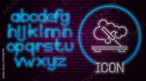 Glowing neon line Scented spa stick on a wooden stand icon isolated on brick wall background. Incense stick. Cosmetic procedure aromatherapy. Neon light alphabet. Vector