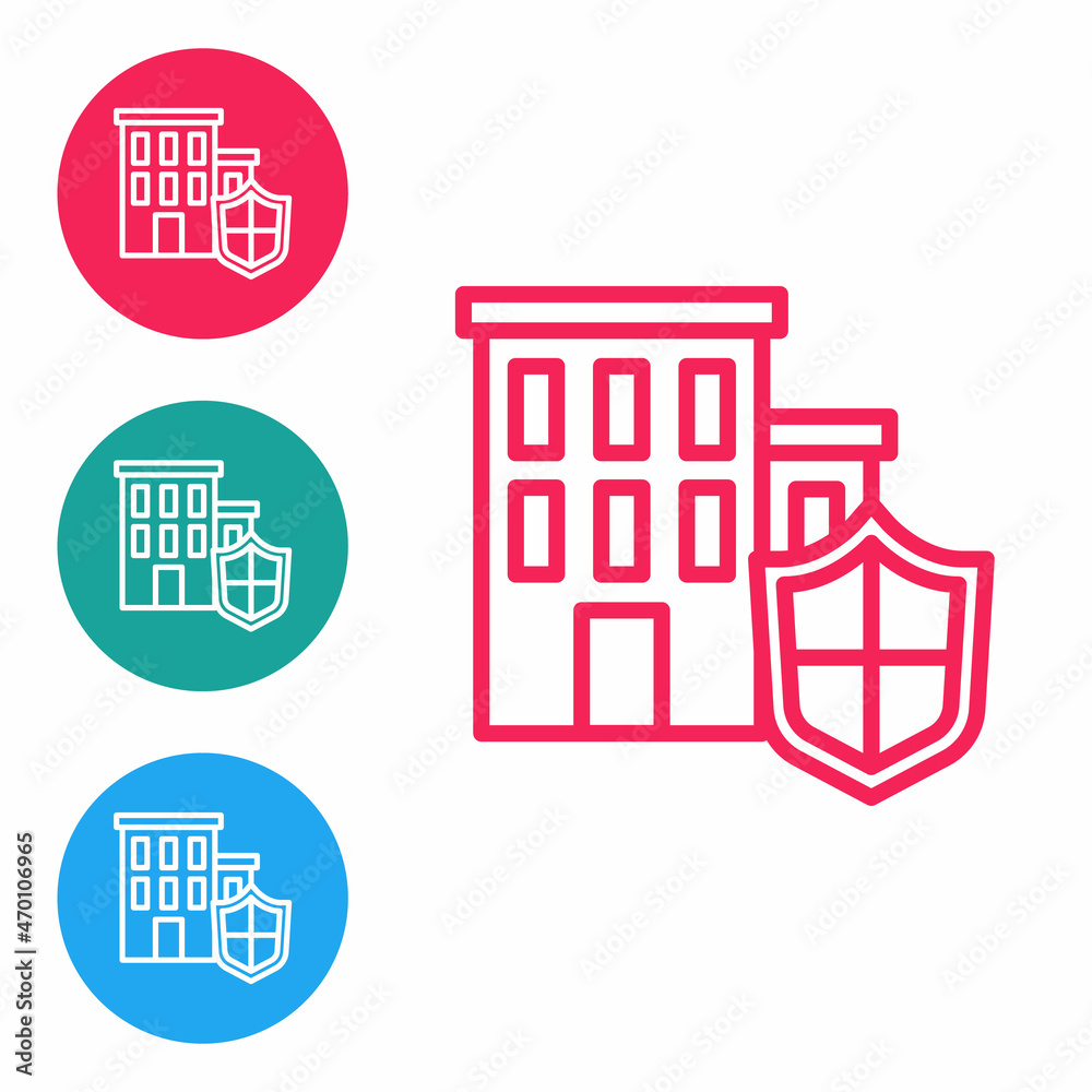 Red line House with shield icon isolated on white background. Insurance concept. Security, safety, protection, protect concept. Set icons in circle buttons. Vector.
