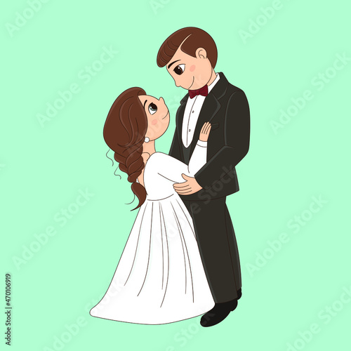 Cute illustration of a bride in a wedding dress and a groom in a tuxedo. Wedding. Drawing of the newlyweds. Husband and wife. Creating a new family. Suitable for creating wedding designs  invitations