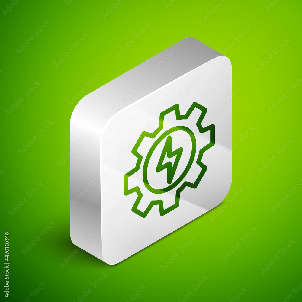 Isometric line Gear and lightning icon isolated on green background. Electric power. Lightning bolt sign. Silver square button. Vector Isometric line Gear and lightning icon isolated on green background. Electric power. Lightning bolt sign. Silver square button. Vector