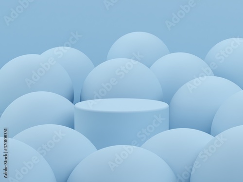 Pastel colors shapes on blue pastel colors abstract background. Minimal curved podium. Scene with geometrical forms. Empty showcase  cosmetic product presentation. Fashion magazine. 3d render. 