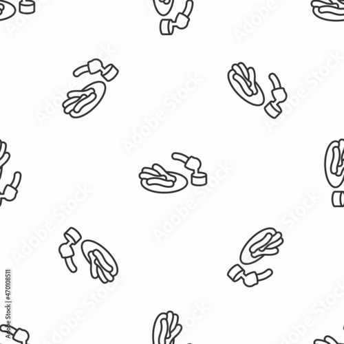 Grey line Churros and chocolate icon isolated seamless pattern on white background. Traditional national Spain dessert, European street food. Vector