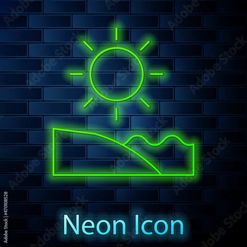 Glowing neon line Beach icon isolated on brick wall background. Tropical beach landscape. Good sunny day. Vector
