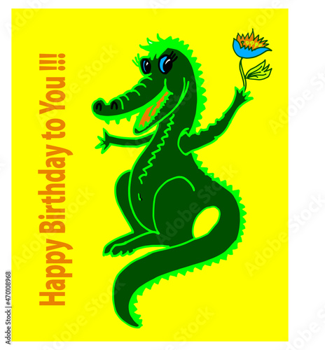 crocodile with a flower  happy birthday  cartoon  animal  dragon  vector  dinosaur  illustration  reptile  crocodile  art  green  lizard  monster  alligator  funny  dino  cute  character  fun  design 