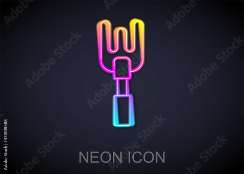 Glowing neon line Garden rake icon isolated on black background. Tool for horticulture, agriculture, farming. Ground cultivator. Housekeeping equipment. Vector