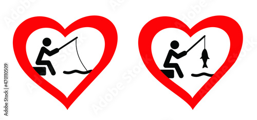 Cartoon stickman, i love fishing withe love heart or fishing with love. Stick figure and fish icon or pictogram. Favorite hobby sport for people.