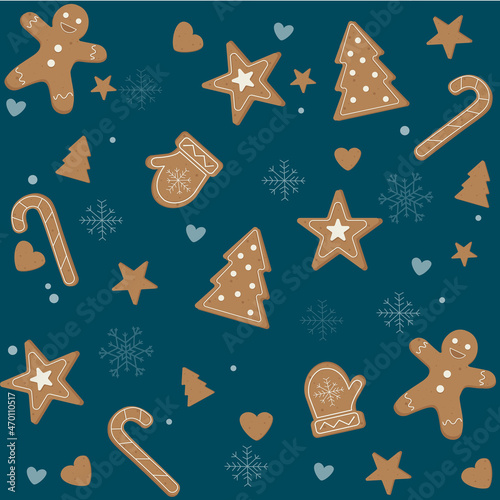 Set of cute Christmas gingerbreads seamless pattern. Flat vector illustration