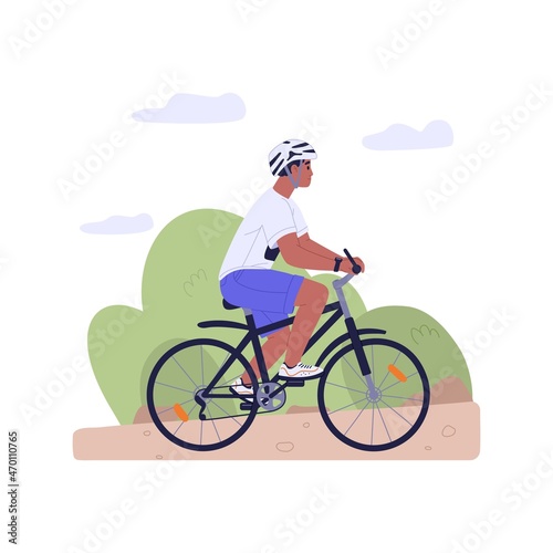 Bike rider cycling along park road. Man in helmet travel on bicycle. Cyclist riding in nature. Bicyclist in motion. Outdoor summer activity. Flat vector illustration isolated on white background