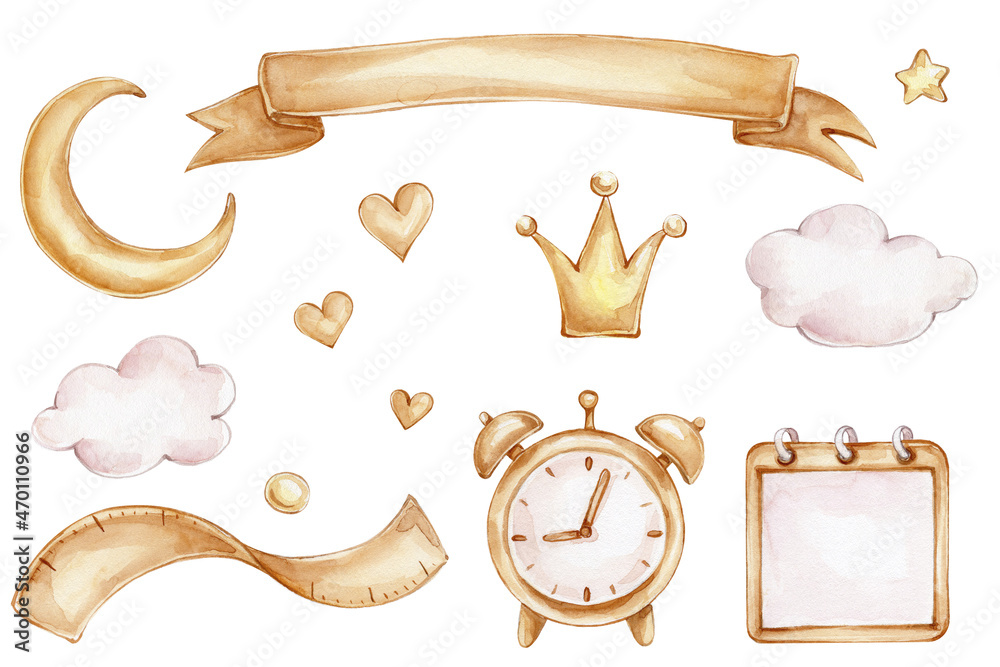 Set with clouds, moon, ribbon, clock, crown; watercolor hand drawn illustration; with white isolated background - obrazy, fototapety, plakaty 