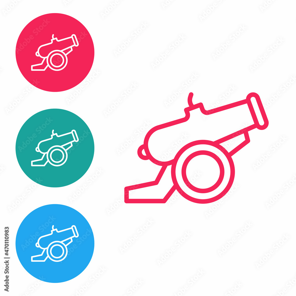 Red line Cannon icon isolated on white background. Set icons in circle buttons. Vector Red line Cannon icon isolated on white background. Set icons in circle buttons. Vector