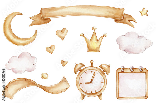 Set with clouds, moon, ribbon, clock, crown  watercolor hand drawn illustration  with white isolated background © Нина Новикова