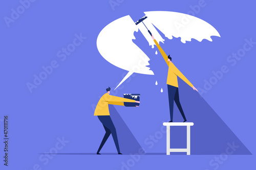 Illustration of two people painting a speech bubble on the wall. Concept for freedom of speech