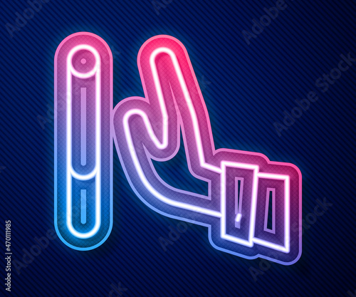 Glowing neon line Giving up cigarette icon isolated on blue background. Tobacco sign. Smoking symbol. Healthy lifestyle. Vector
