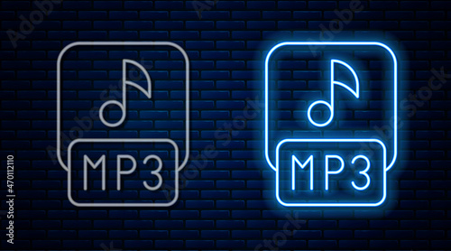 Glowing neon line MP3 file document. Download mp3 button icon isolated on brick wall background. Mp3 music format sign. MP3 file symbol. Vector