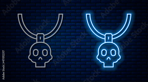 Glowing neon line Necklace amulet icon isolated on brick wall background. Vector