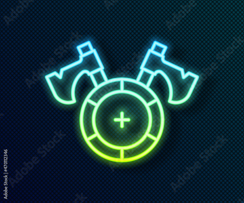 Glowing neon line Medieval shield with crossed axes icon isolated on black background. Battle axe, executioner axe. Vector