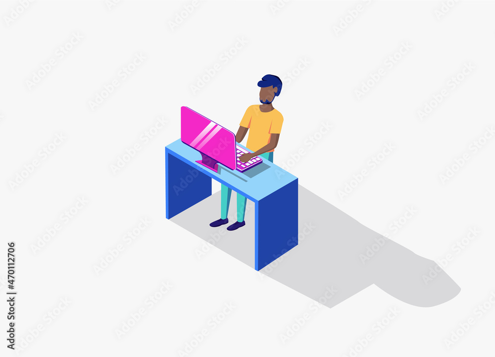 Customer service, programmer coding, operator man, business man entrepreneur, freelancer professional sitting at table with a computer. 3d isometric illustration Customer service, programmer coding, operator man, business man entrepreneur, freelancer professional sitting at table with a computer. 3d isometric illustration