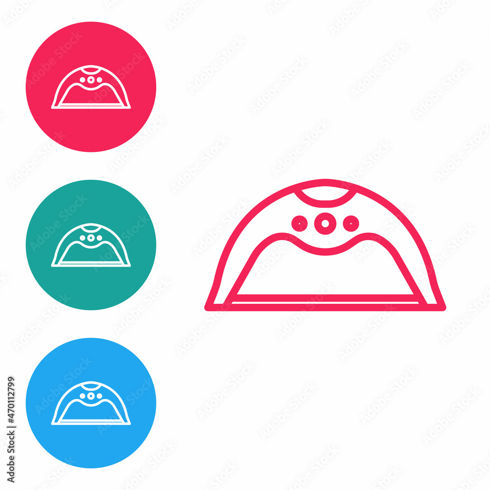Red line Manicure lamp icon isolated on white background. UV lamp for nail polish drying. Set icons in circle buttons. Vector Red line Manicure lamp icon isolated on white background. UV lamp for nail polish drying. Set icons in circle buttons. Vector