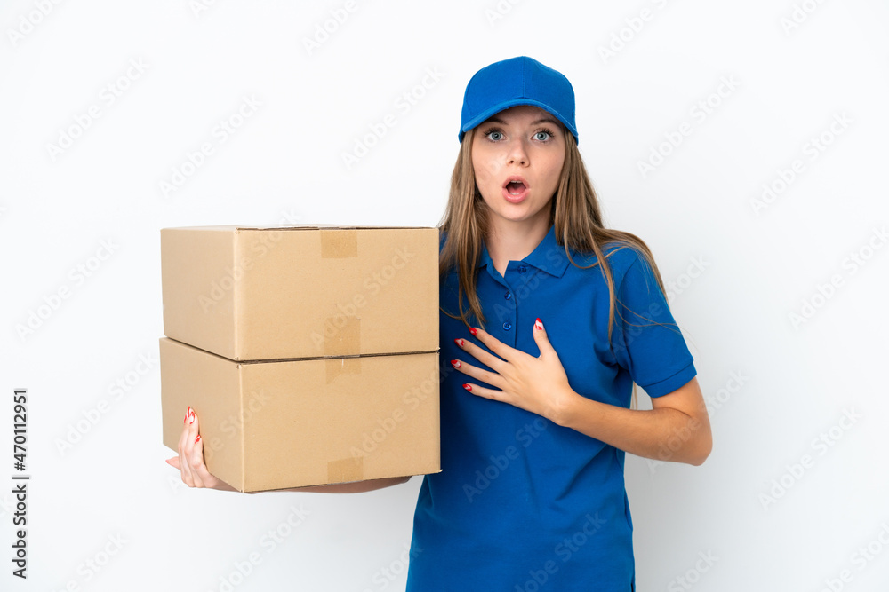 Delivery Lithuanian woman isolated on white background surprised and shocked while looking right