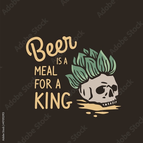 Beer skull with hop hat for print. Original brew design with hop and skeleton for craft beer bar, pab or brewery